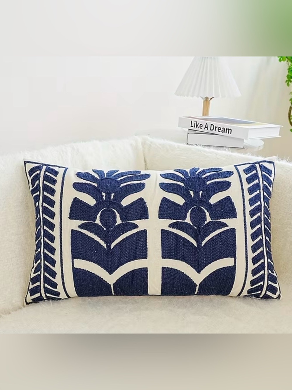 Navy Blue and White Embroidered Decorative Pillow 12” x 20” NWOT